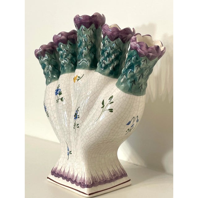 Late 20th Century Vintage French Country Floral Painted Tulipiere Ceramic Vase, Purple & Green For Sale - Image 5 of 12