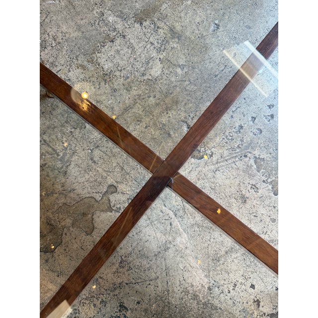 Italian Round Glass Coffee Table With Wood X-Base For Sale - Image 11 of 12