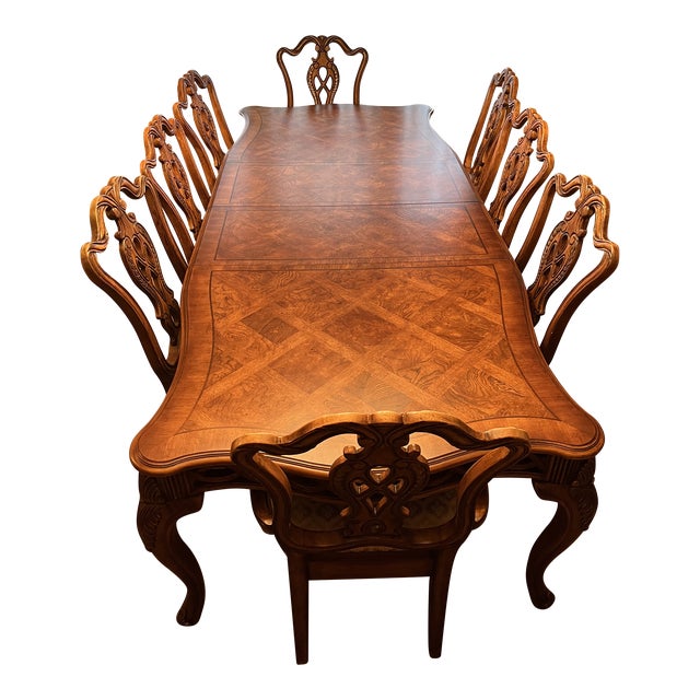 Mahogany Burlwood Veneer Dining Table & 8 Chairs Chairish