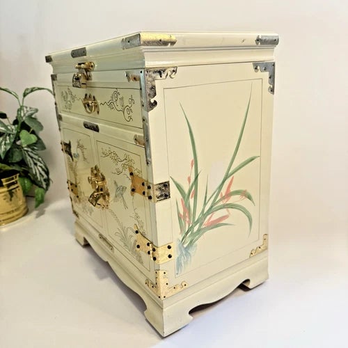 Japanese Vintage Large Japanese Cream Lacquer Wood Jewelry Box 3 Drawers, Lift Top With Two Locks For Sale - Image 3 of 13