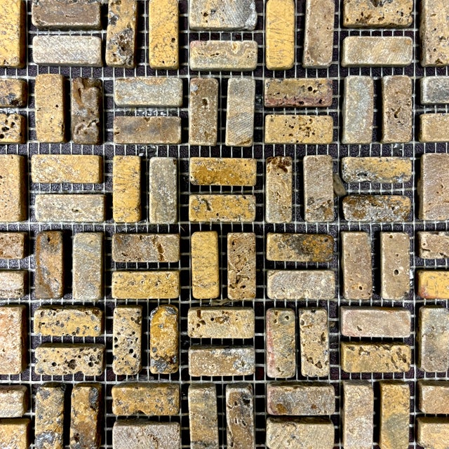 Honed and unfilled gold travertine paolo basketweave decorative mosaic tile. Suitable for use in vertical and horizontal...