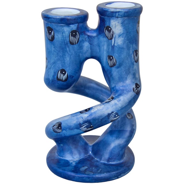 African Vintage Handcrafted Blue West-African Soapstone Candleholders- S/2 For Sale - Image 3 of 7