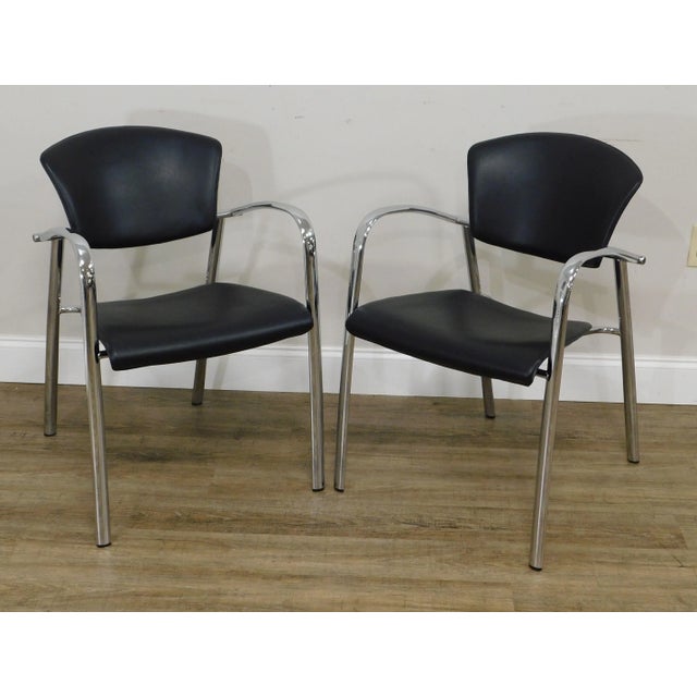 High Quality Pair of Chrome Frame Armchairs in a Black Leather Type Naugahyde Upholstery