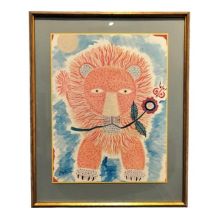 Vintage Framed Henri Hecht Maïk Lion and Butterfly Print. For Sale
