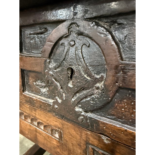 18th Century 18th C. Spanish Beautifully Rustic Carved-Wood Trestle-Leg Table With Drawer For Sale - Image 5 of 18