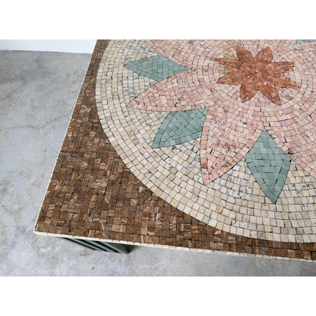 Mid-Century Modern 1980’s Vintage Floral Medallion Design Mosaic Top Coffee Table With Green Painted Iron Base/Sold For Sale - Image 3 of 12