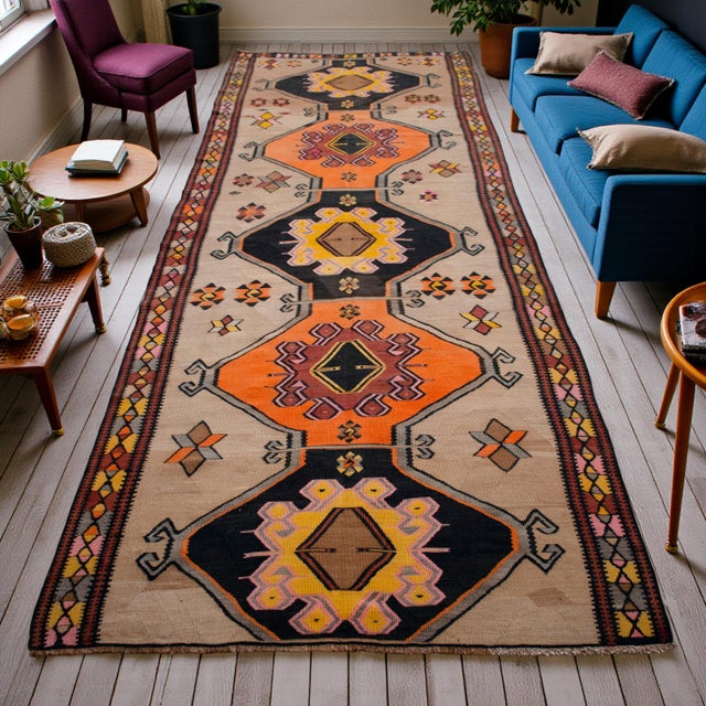 This exceptional vintage Kars kilim runner from the 1970s exemplifies the rugged artisanal heritage of Eastern Anatolia....