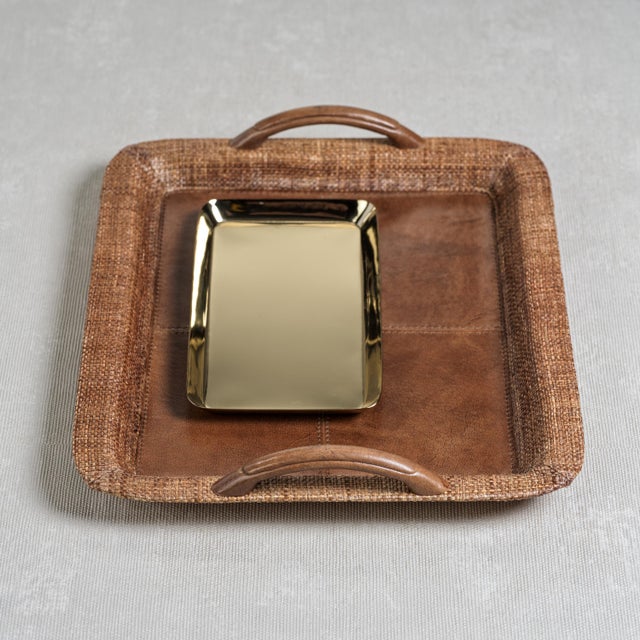 Sabinio Leather & Raffia Serving Tray, Large For Sale - Image 4 of 5
