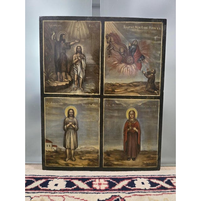 Presenting a magnificent 19th-century Orthodox icon depicting The baptism of Christ. This piece is painted in tempera on a...