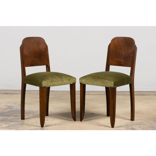 Set of 6 French Art Deco Walnut Dining Chairs in Olive Green Velvet, 1930s For Sale - Image 10 of 18