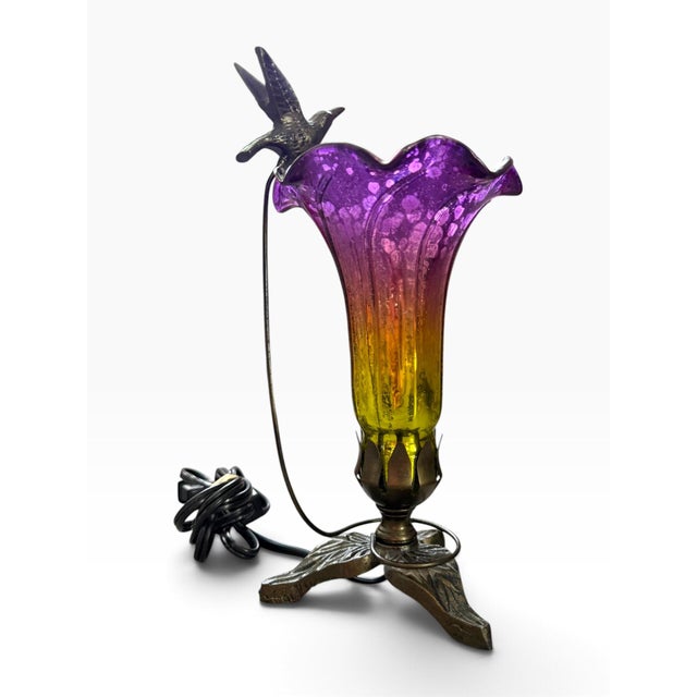 Late 20th Century Vintage Hummingbird Flower Art Glass Table Lamp | Purple & Amber | Made in India For Sale - Image 5 of 7