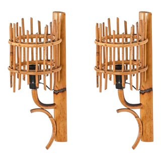 Mid-Century Modern Rattan Lantern Sconces by Louis Sognot, France, 1960s, Set of 2 For Sale