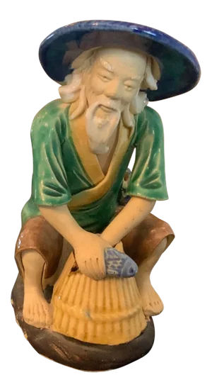 Vintage Chinese Ceramic Figurine of an Old Fisherman