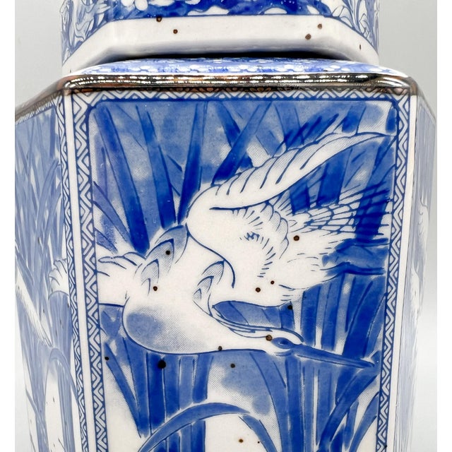 Set of Three Vintage Blue & White Porcelain Tea Caddies | Lidded Chinoiserie Canisters - Chinoiserie, Traditional, Grandmillennial For Sale - Image 16 of 18