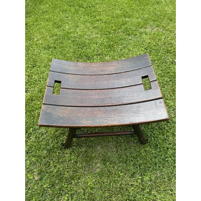 Mid-Century Arts & Crafts Solid Oak Wood Bench Stool Curved Seat Rustic For Sale - Image 4 of 17