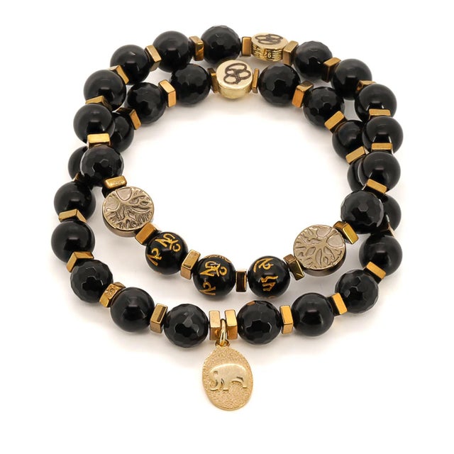 Early 21st Century Onyx Stone Mantra Beaded Elephant Charm Bracelet Set For Sale - Image 5 of 6
