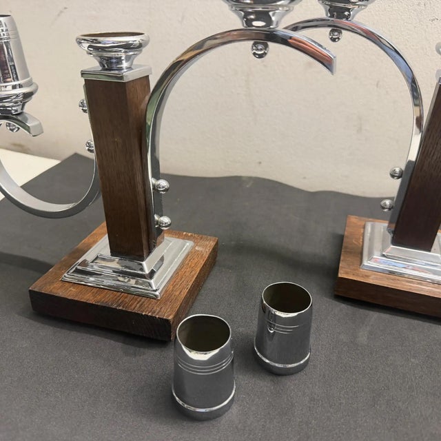 Metal A Pair of 1940s Art Deco Fruit Wood and Chromed Metal French Candelabras For Sale - Image 7 of 10