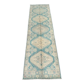 Pastel Oushak Wool Runner Rug – Turquoise/Beige – 2′10″ × 9′6″ For Sale
