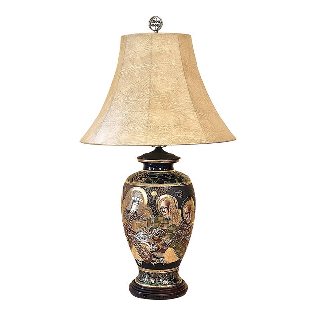 Vintage Japanese Satsuma Moriage Porcelain Table Lamp With Buddhist Immortals For Sale