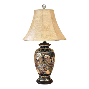 Vintage Japanese Satsuma Moriage Porcelain Table Lamp With Buddhist Immortals