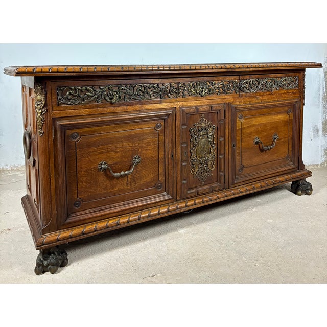 Traditional Large Henry II Style Oak Sideboard With Bronze Mounts, Early 20th Century For Sale - Image 3 of 18
