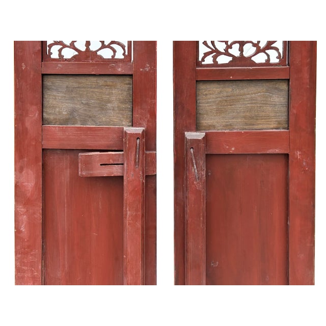 Pair Vintage Red Green Yellow Fujian Relief Carving Door Panels For Sale - Image 10 of 10