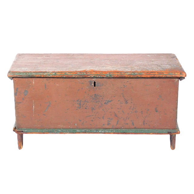 Diminutive Queen Anne Chest, New England, c. 1750-1780. Rare smaller form in red paint with dark green painted trim, six...