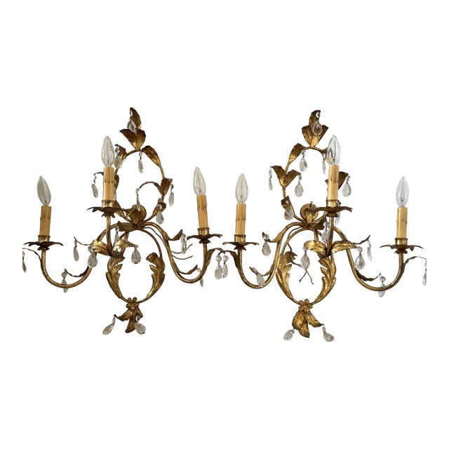 Mid 20th Century Florentine or Hollywood Regency Italian Gilt Tole & Crystal Wall Sconces - A Pair For Sale