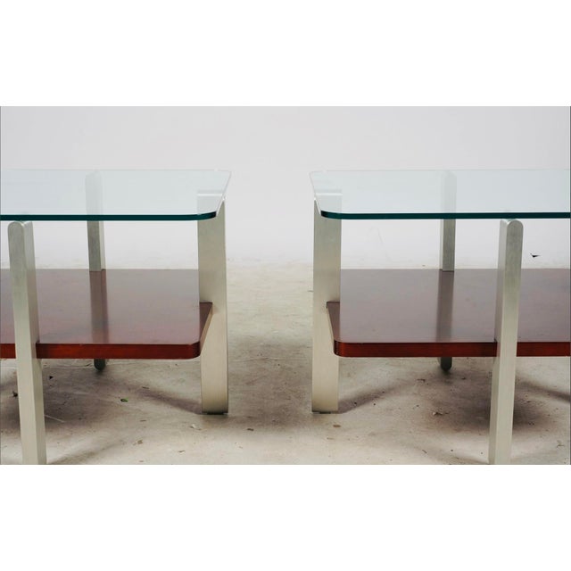 Contemporary Mid 20th Century Pair of Bernhardt Contemporary Glass & Brushed Aluminum End Tables For Sale - Image 3 of 9