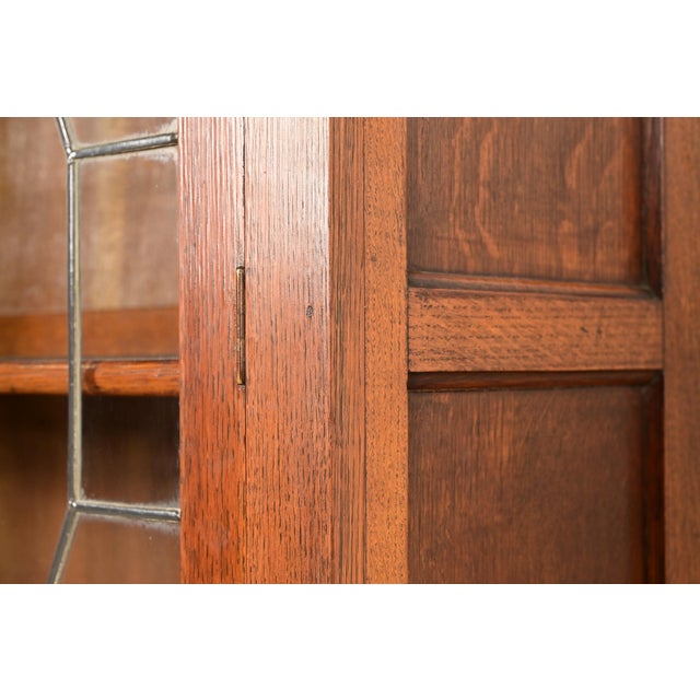 Stickley Brothers Style Antique Arts & Crafts Carved Oak Bookcase Cabinet With Leaded Glass Doors, Circa 1900 For Sale - Image 9 of 14