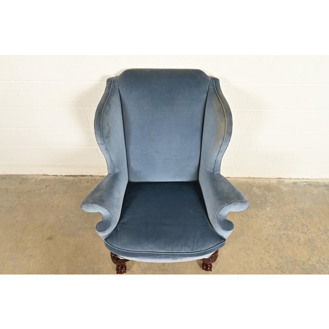 1980s Kindel Furniture Chippendale Carved Mahogany Blue Velvet Upholstered Wingback Lounge Chair For Sale - Image 5 of 15