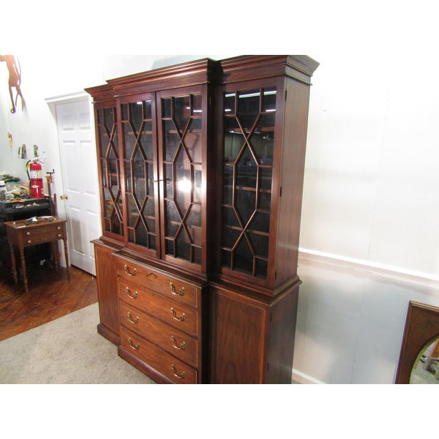 Traditional Henkel Harris Solid Mahogany Banded Two Piece China Cabinet For Sale - Image 3 of 13