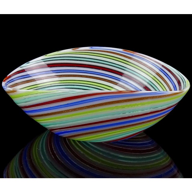 Blue Vintage Murano Dino Martens Red Blue White Copper Aventurine Swirl Italian Art Glass Ribbons Dish Bowl For Sale - Image 8 of 11