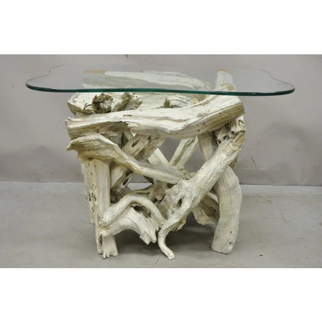 Vintage Mid Century Modern White Driftwood Base Glass Top Side End Table. Item features driftwood base, shaped thick glass...