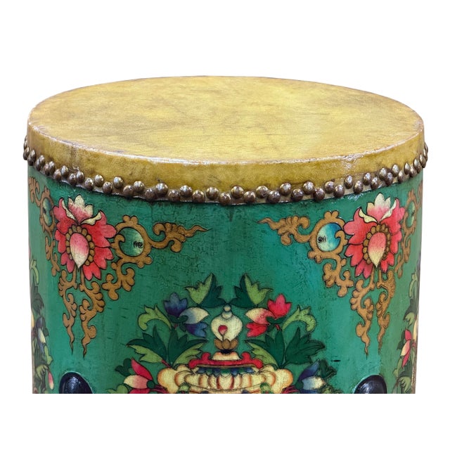 Teal Turquoise Green Tibetan Drum Style Lotus Jewel Graphic Table Stool For Sale - Image 9 of 11