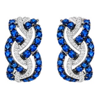14K White Gold Diamond Sapphire Huggie Braided Earrings For Sale