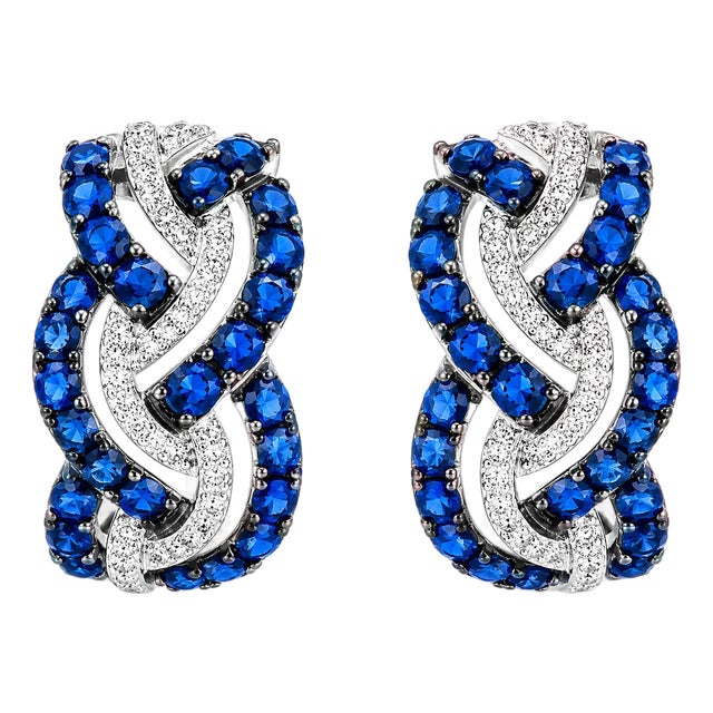 14K White Gold Diamond Sapphire Huggie Braided Earrings For Sale