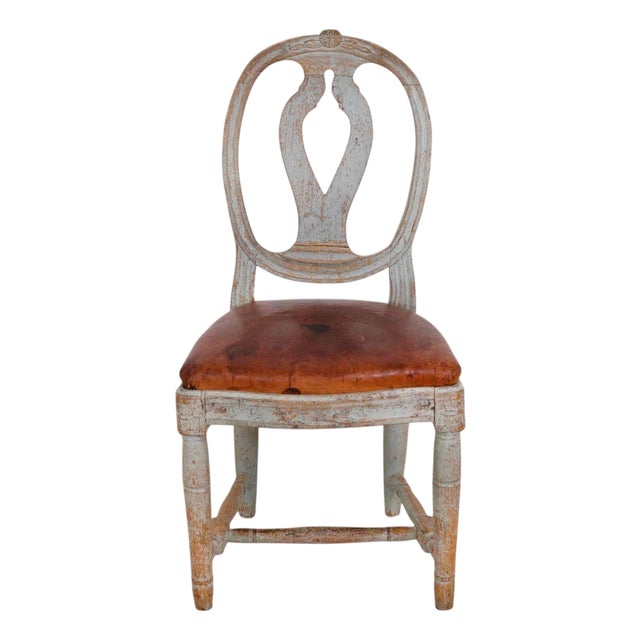 18th Century Swedish Gustavian Chair with Original Paint and Leather Seat For Sale