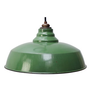 Vintage French Industrial Pendant Lamp in Green Enamel with Brass Top For Sale
