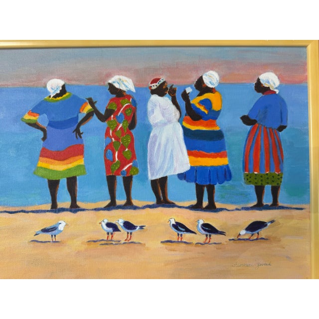 Wood Vintage Florence Zevich Folk Art African Coastal Scene Oil on Board Painting, Signed and Framed For Sale - Image 7 of 11