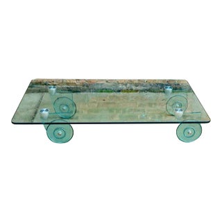 Industrial Modern Glass Coffee Table on Wheels Attr. To Roche Bobois For Sale