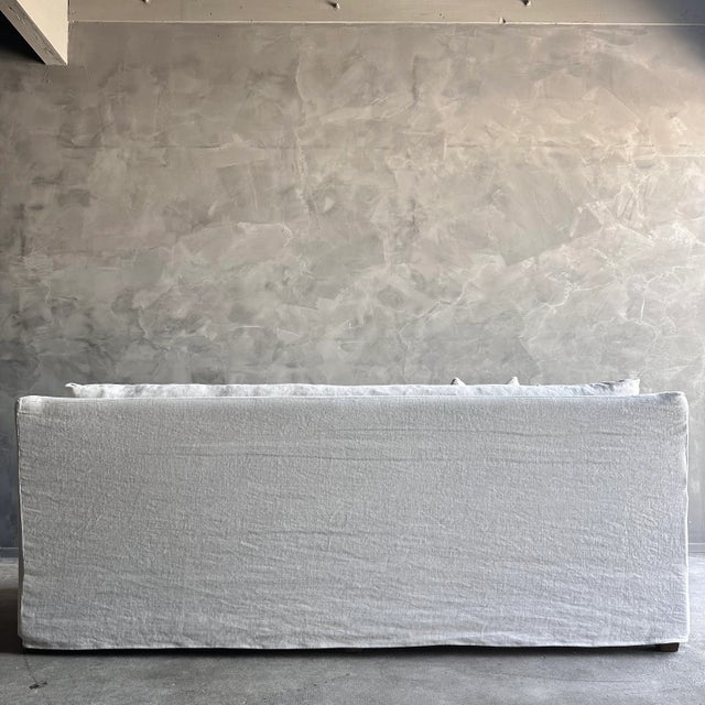 Greige Slipcovered Slope Arm Sofa in Stone Washed Greige Linen With Down Cushions For Sale - Image 8 of 10