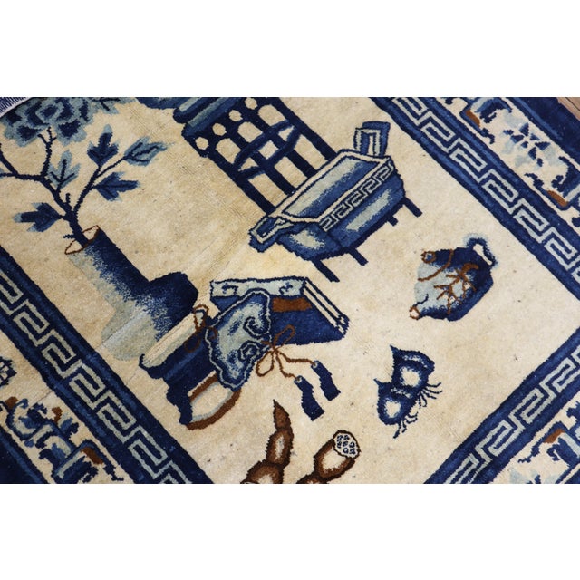 Tan Blue Color Early 20th Century Antique Chinese Oriental Rug For Sale - Image 12 of 18