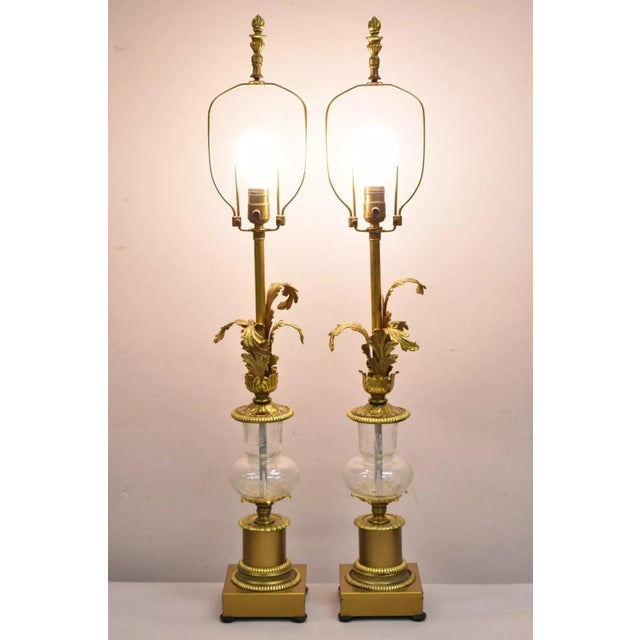 Vintage French Louis XV Style Brass & Crystal Urn Table Lamps - a Pair. Circa Mid 20th Century. Measurements: 37" H (to...