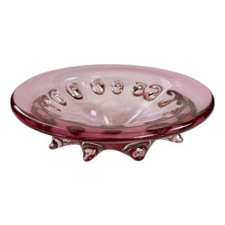 Vintage Murano Style Pink Cranberry Art Glass Bowl, Pulled Spikes, UV Reactive For Sale