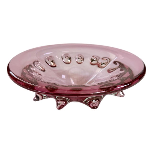 Vintage Murano Style Pink Cranberry Art Glass Bowl, Pulled Spikes, UV Reactive For Sale