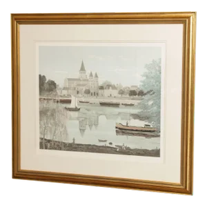 1990s Michel Delacroix 'L'abbaye de Paray le Monial' Custom Framed Lithograph Print