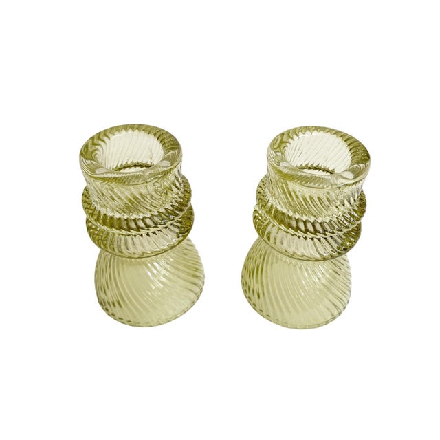 Contemporary Transparent Green Ribbed Glass Taper Candle Holders For Sale - Image 3 of 5