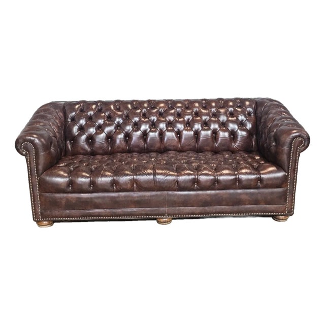 Late 20th Century Classic Chesterfield Brown Top Grain Leather Tufted Leather Sofa Nail Head Trim For Sale