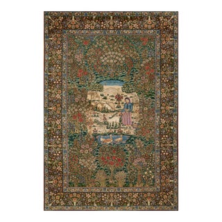 Majestic Green Background Figural Floral Pattern Kirman Design Persian Rug For Sale